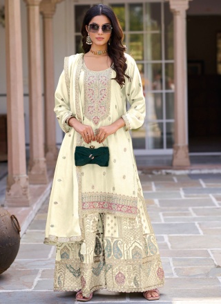 Off White Silk Ceremonial Trendy Salwar Kameez