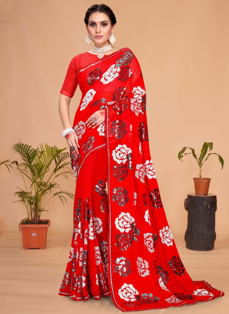 Opulent Red Embroidered Classic Saree