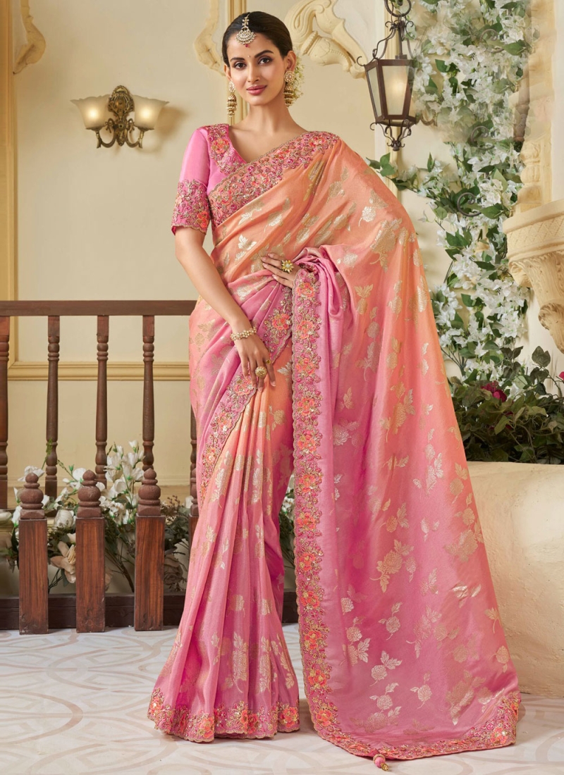 Orange and Pink Color Shaded Saree