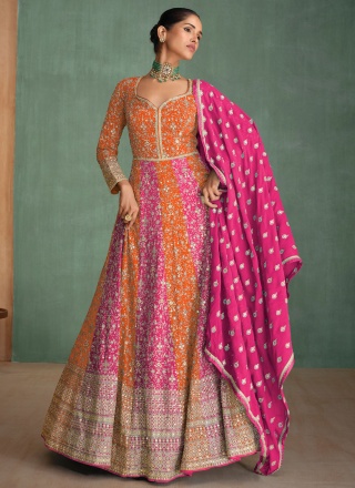 Orange and Rani Pure Georgette Trendy Gown