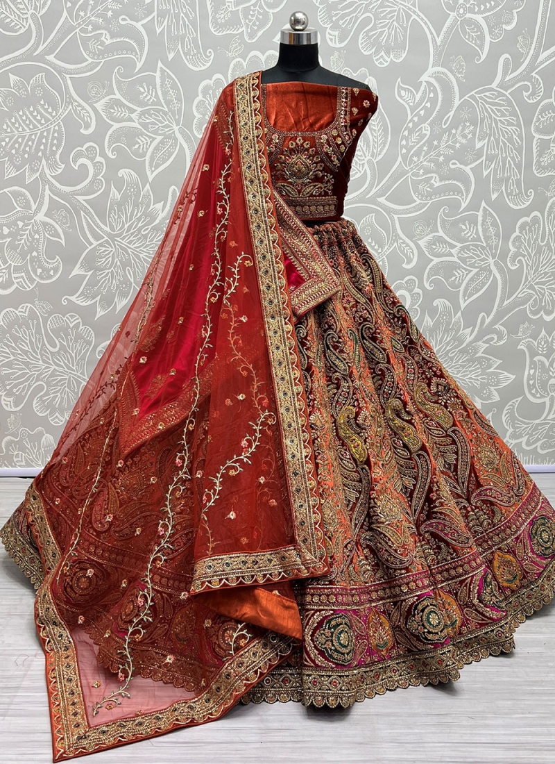 Orange Bridal Velvet Lehenga Choli