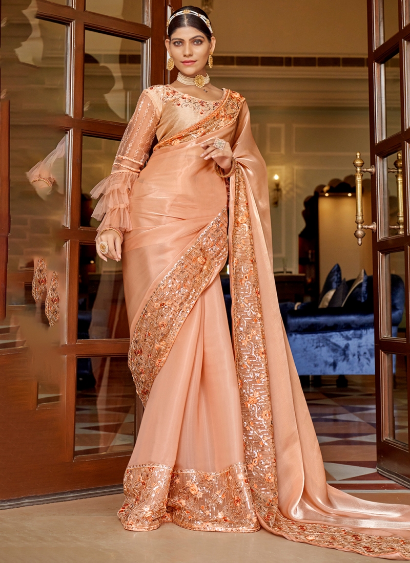 Buy Red And Orange Chiffon Saree With Cut Dana Embroidery Buttis