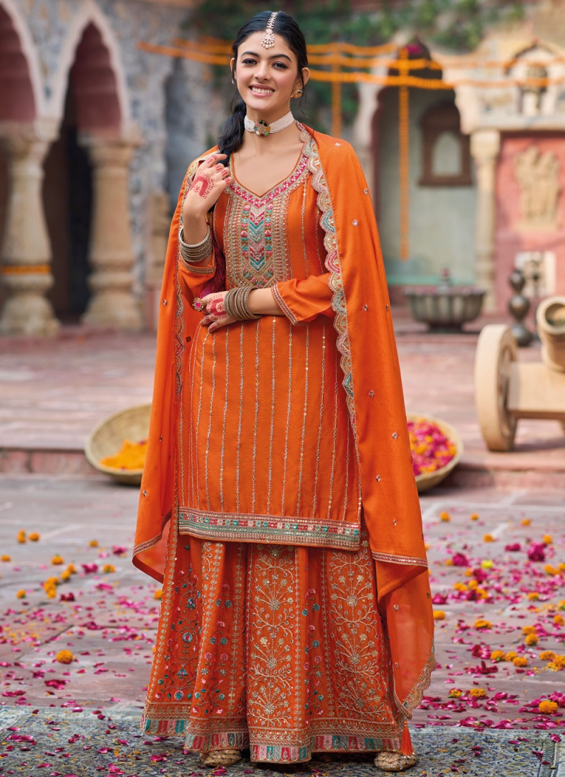 Orange Chinon Mehndi Designer Salwar Kameez