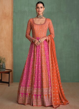 Orange Georgette Embroidered Trendy Gown