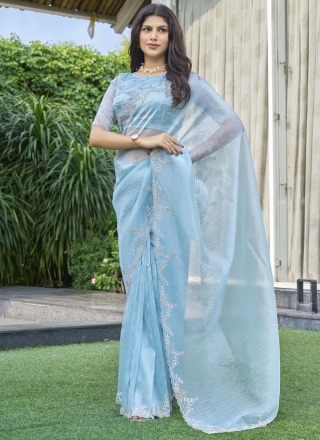 Organza Aqua Blue Classic Saree