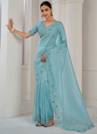 Organza Moti Designer Saree in Aqua Blue