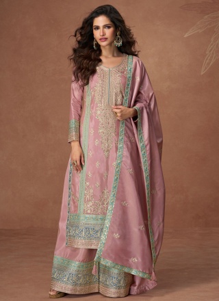 Organza Pink Embroidered Palazzo Designer Suit