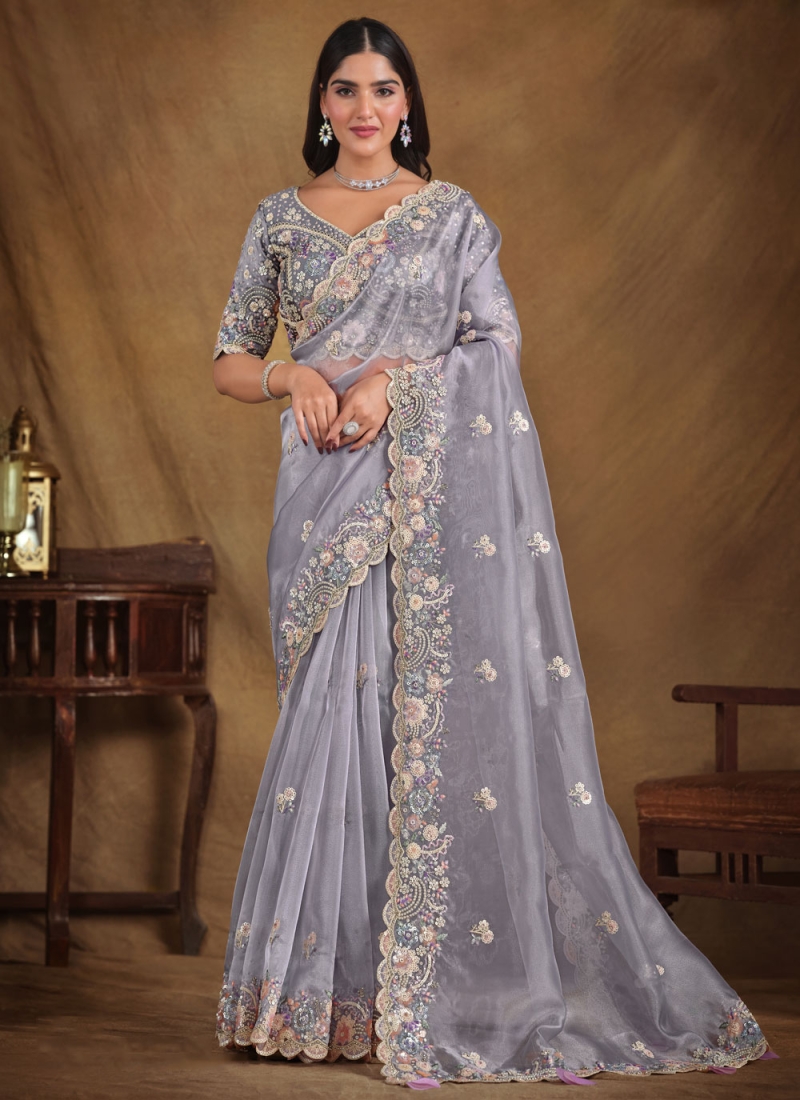 Organza Sequins Grey Trendy Saree