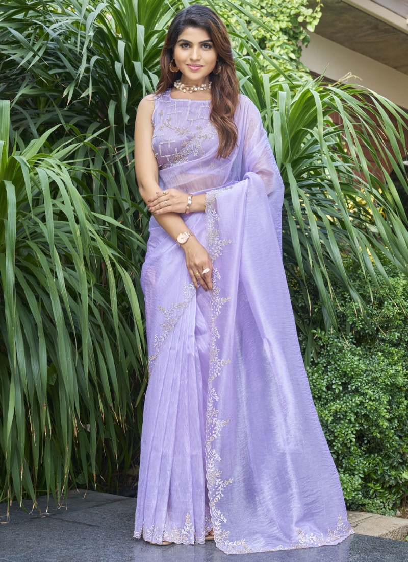 Organza Swarovski Contemporary Saree in Lavender