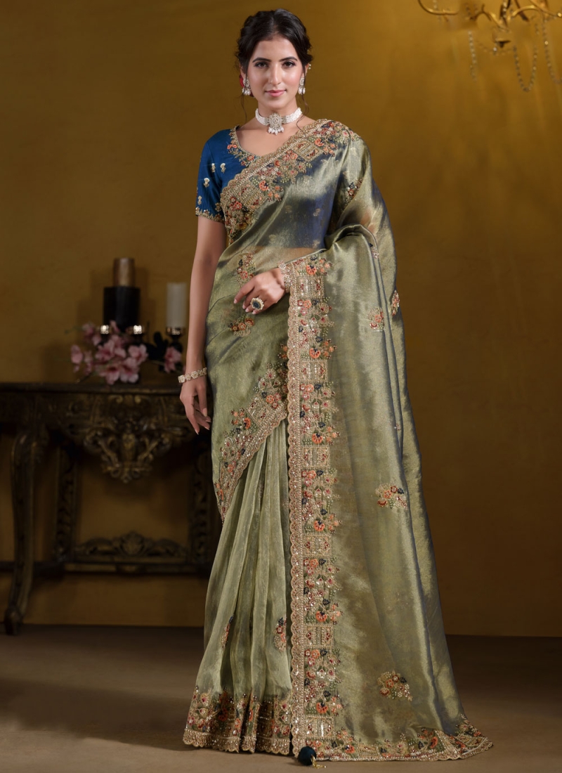 Organza Thread Trendy Saree in Sea Green