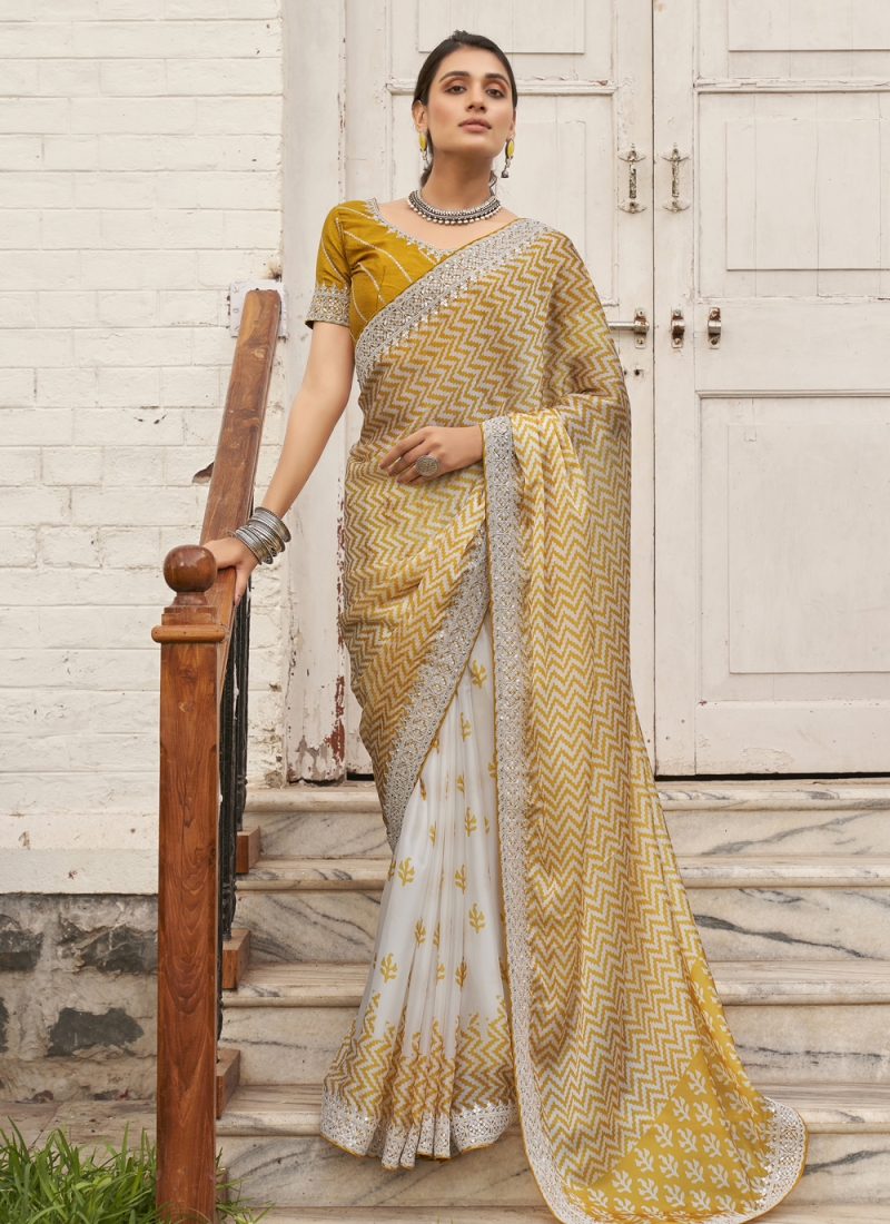 Beautiful Yellow Chiffon Printed Classic Designer Saree