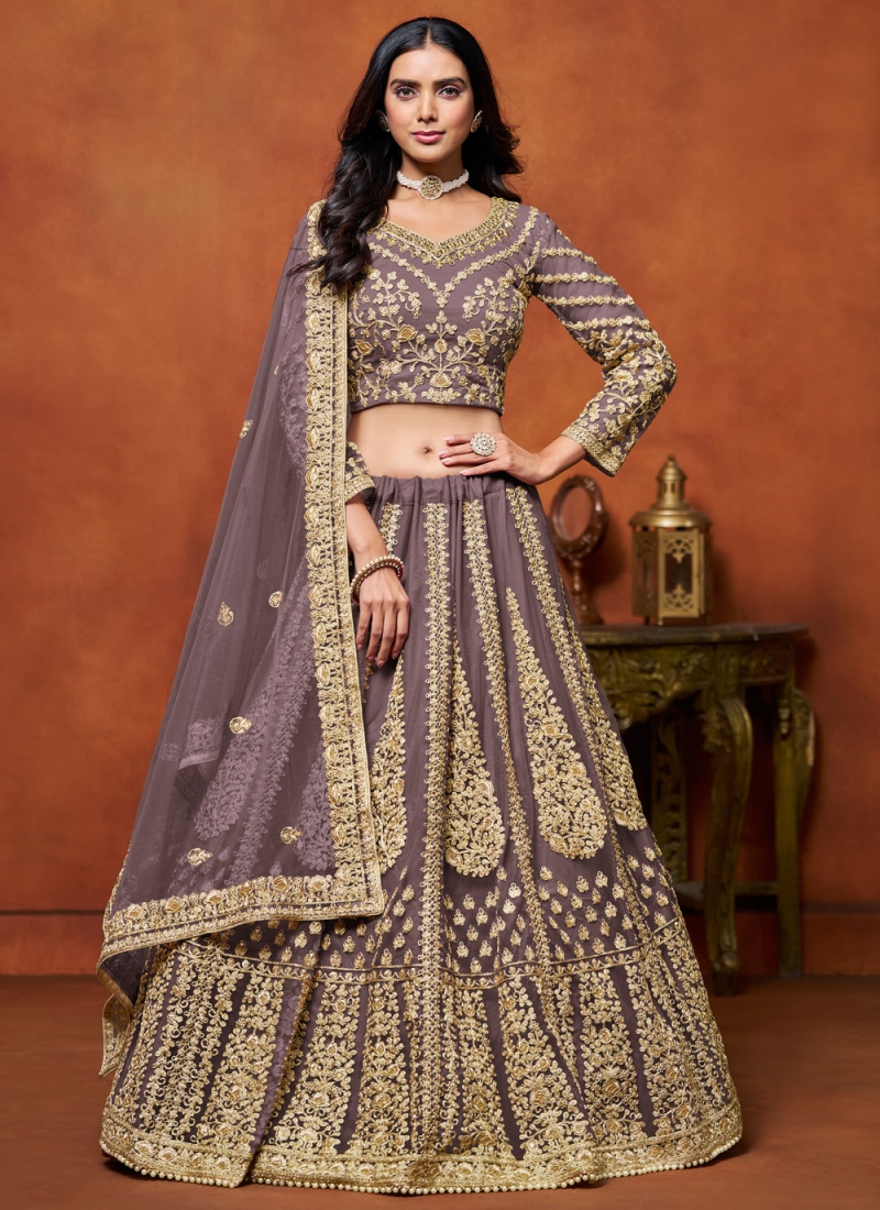 Orphic Net Zari Grey and Purple Designer Lehenga Choli