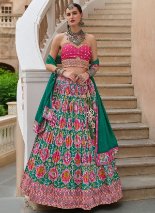 Paisley Print Silk Readymade Lehenga Choli in Gree