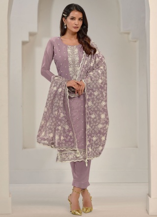Pant Style Suit Embroidered Organza in Mauve 