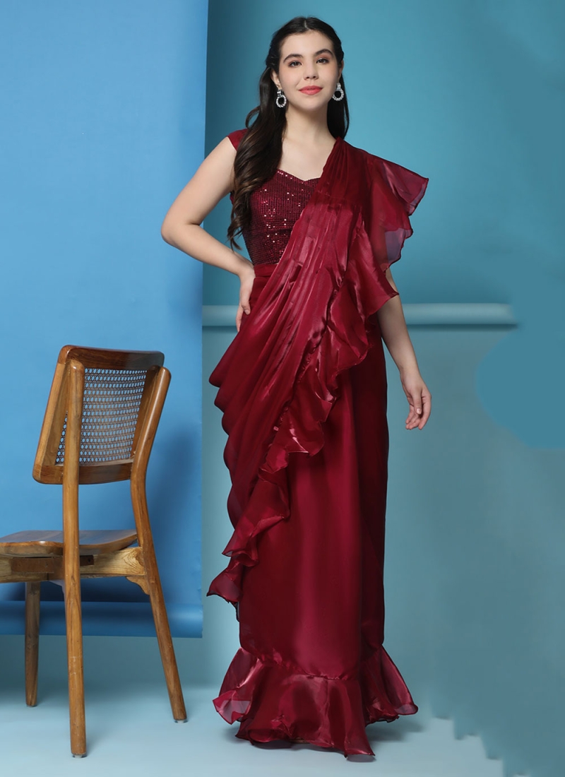 Paramount Red Ruffle Classic Saree