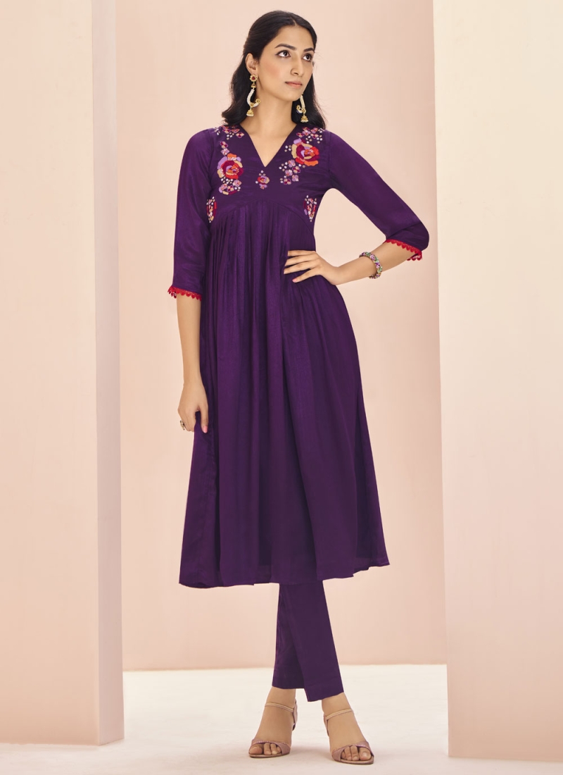 Party Wear Kurti Embroidered Chinon in Purple