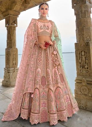 Peach and Pink Bridal Silk Lehenga Choli