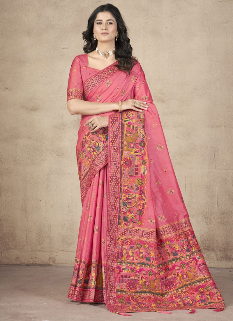 Peach and Pink Pashnima Silk Designer Saree