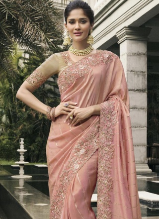 Peach and Pink Zari Classic Saree