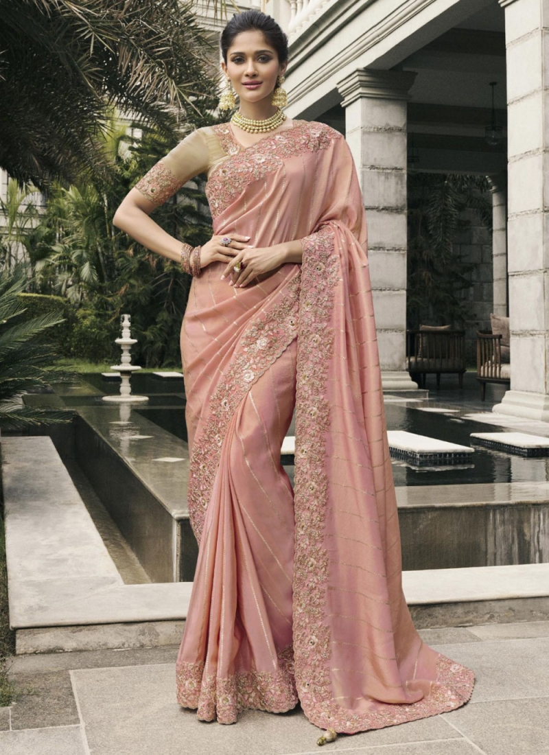 Peach and Pink Zari Classic Saree