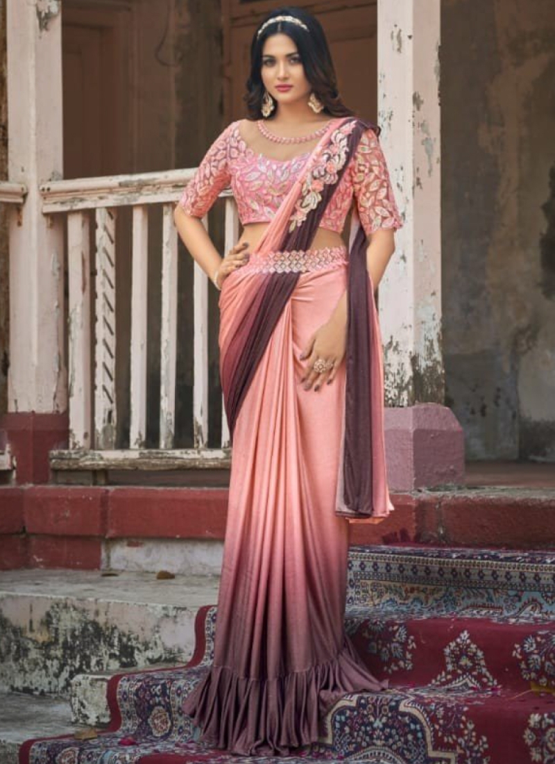 Buy Party Wear Georgette Saree With Peach Color In 2022