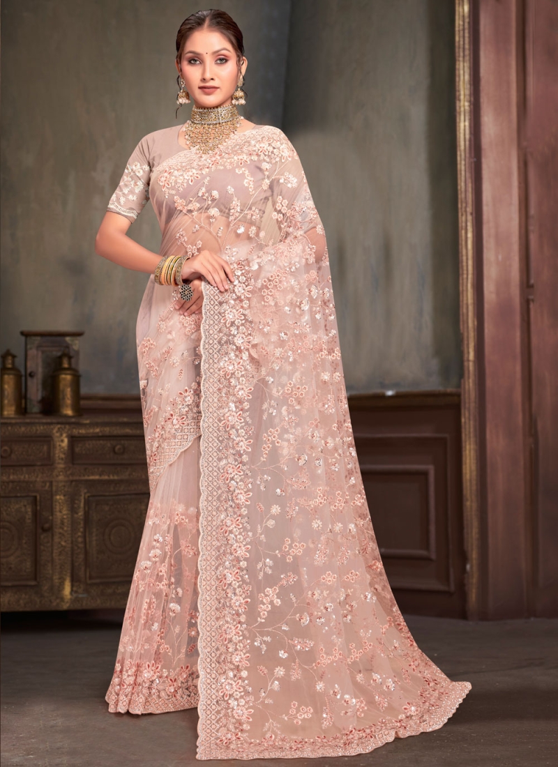 Peach Net Party Trendy Saree