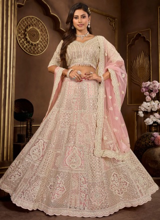 Peach Net Reception Readymade Lehenga Choli