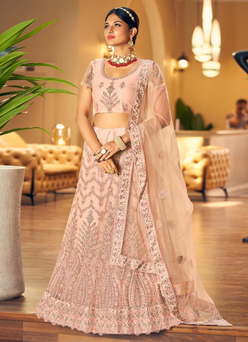 Buy Amazing Peach Thread Embroidered Net Wedding Lehenga Choli From Zeel  Clothing