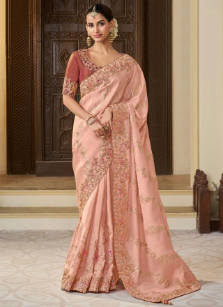 Peach Resham Wedding Trendy Saree