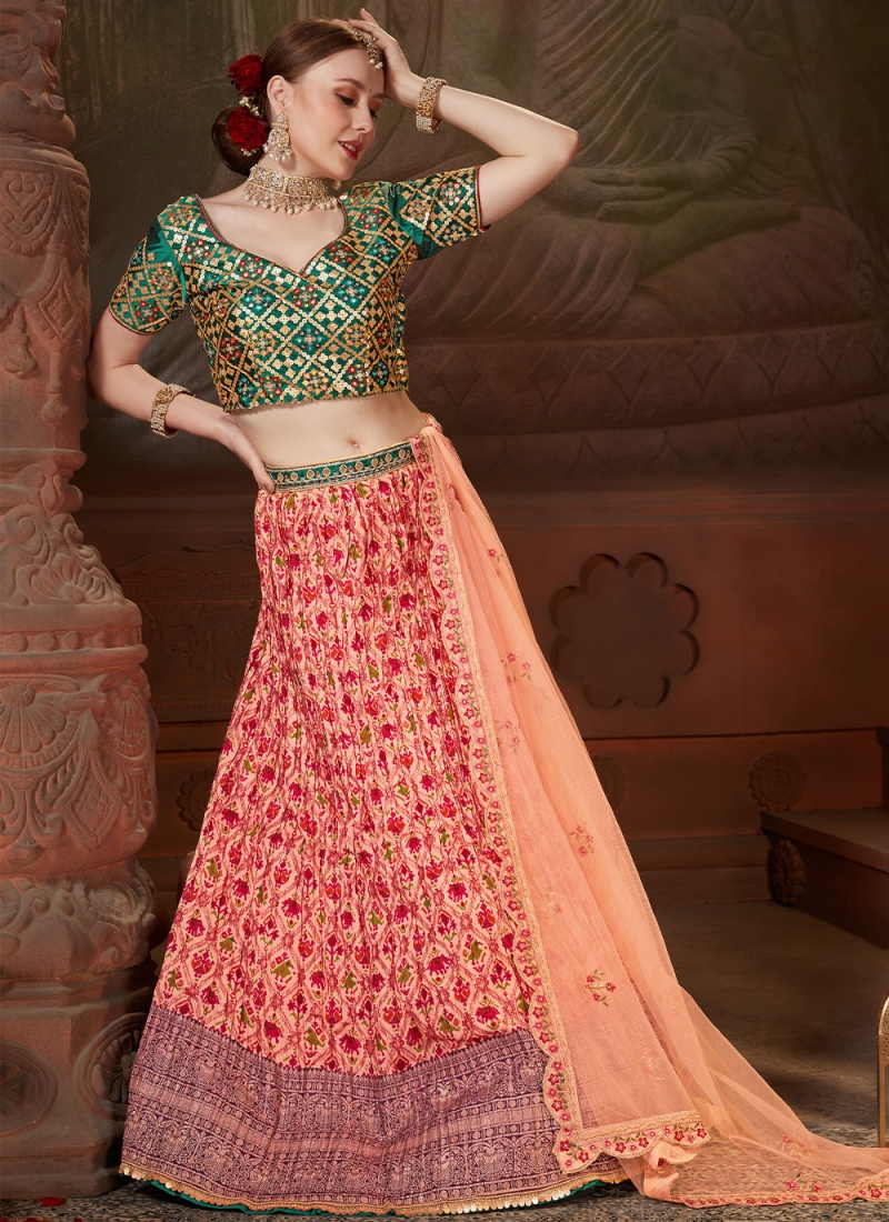 Peach Thread Work Georgette Reception Wear Lehenga Choli