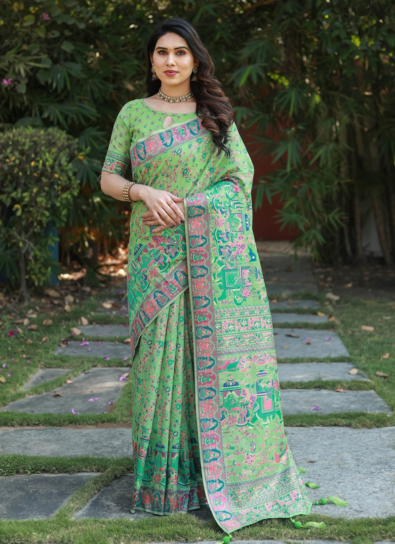 Ming green block printed maheshwari silk saree | Kiran's Boutique