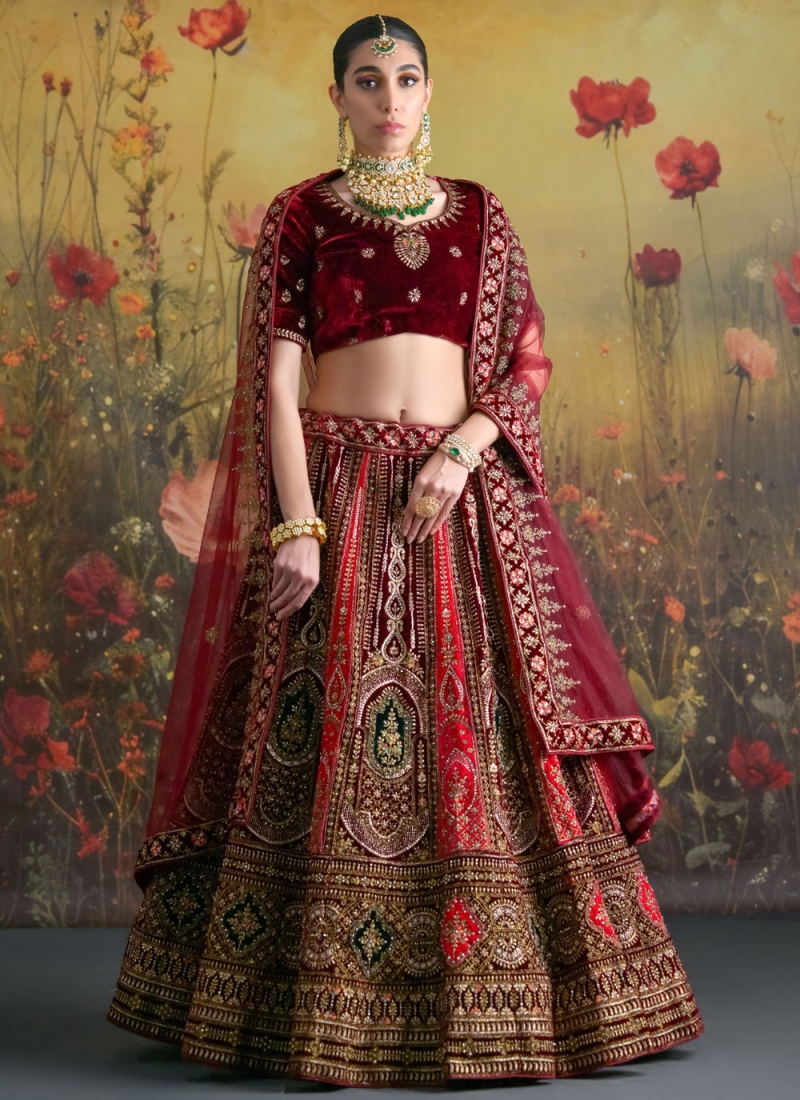 Phenomenal Velvet Maroon and Rani Stone Long Choli Lehenga