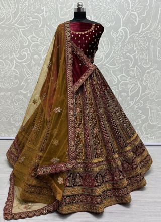 Picturesque Sequins Maroon and Mustard Designer Lehenga Choli