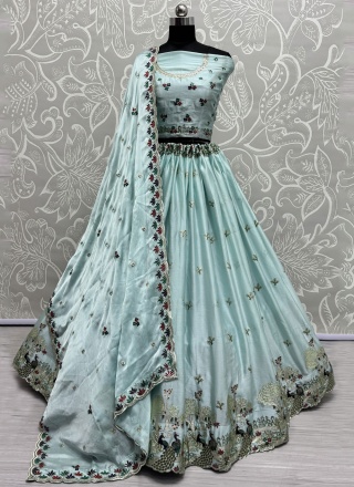 Picturesque Silk Aqua Blue Embroidered Designer Lehenga Choli