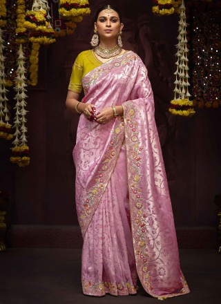 Pink and Purple Embroidered Kanjivaram Silk Traditional Saree