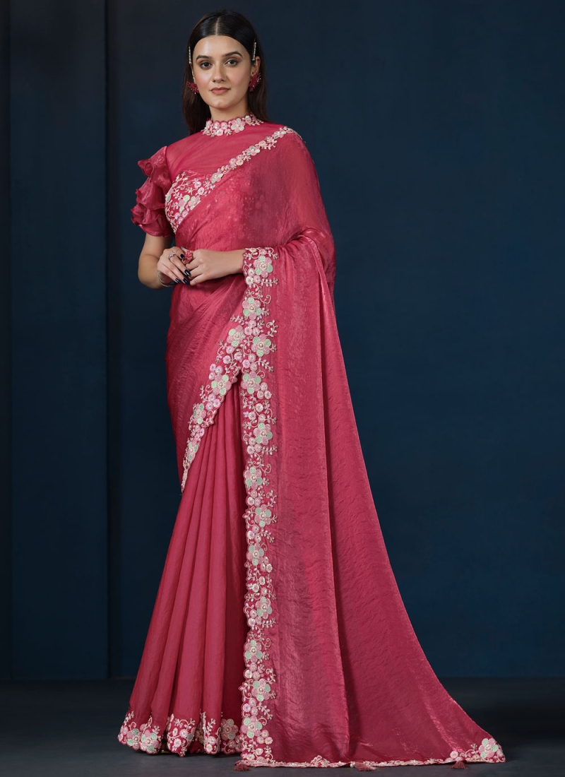 Pink and Rani Satin Silk Classic Saree