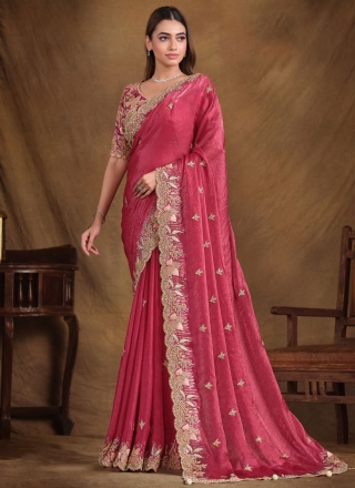 Pink and Rani Satin Silk Reception Traditional Saree