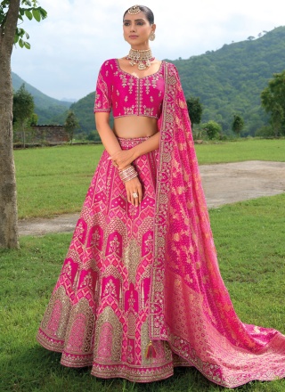 Pink and Rani Silk Reception Trendy Lehenga Choli