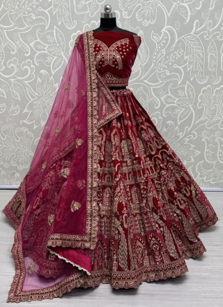 Pink and Rani Wedding Velvet Trendy Lehenga Choli