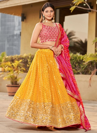 Pink and Yellow Zari Georgette A Line Lehenga Choli