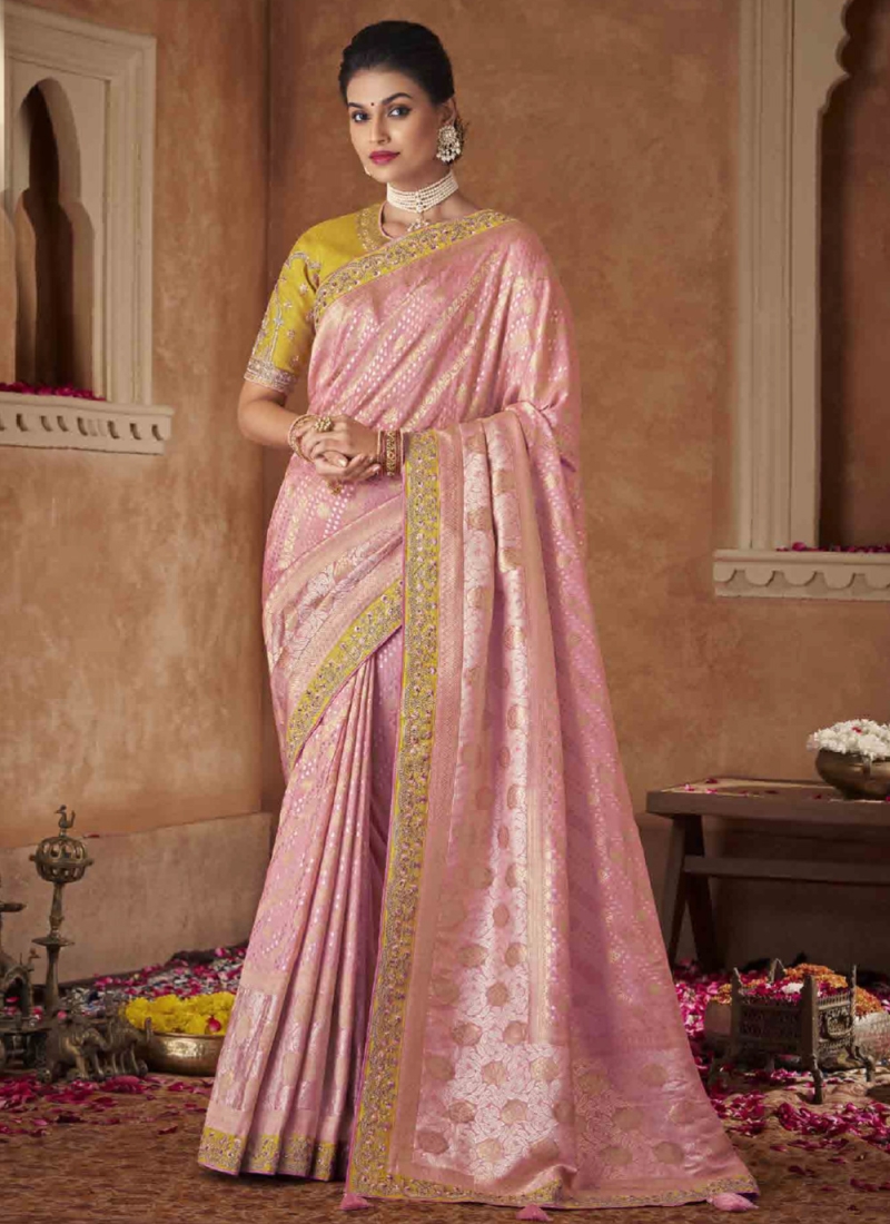 Embroidered Pure Viscose Dola Silk Traditional Bridal Saree In Pink Co –  Saundaryam Fashions