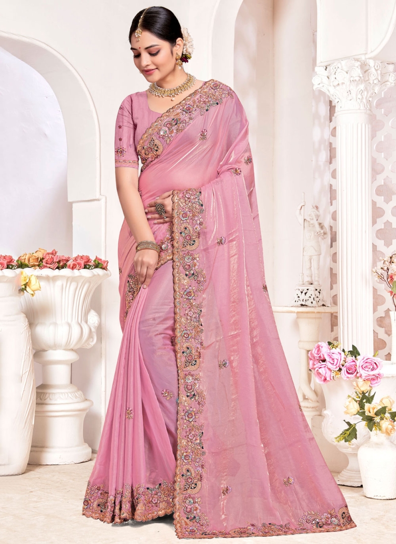 Pink Embroidered Ceremonial Traditional Designer Saree