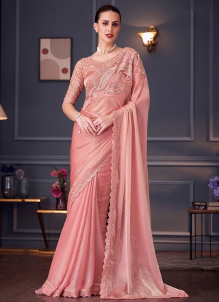 Pink Embroidered Chiffon Contemporary Saree