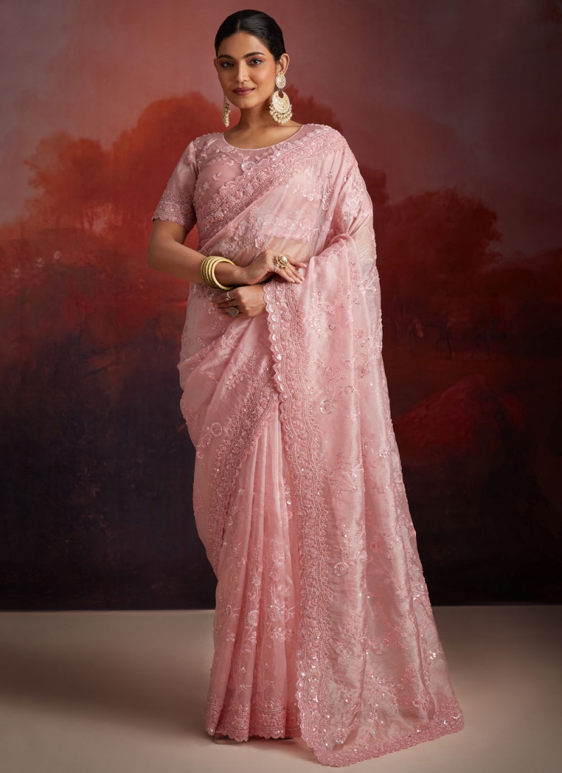 Pink Embroidered Organza Classic Saree