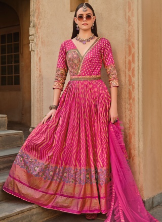 Pink Foil Print Floor Length Gown