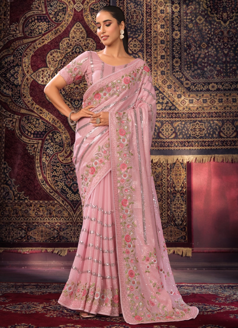 Pink Georgette Sequins Trendy Saree