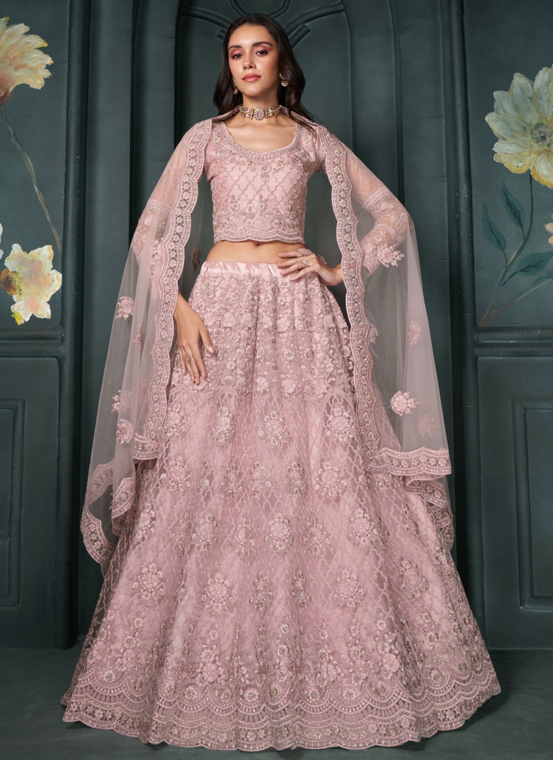 Pink Net Embroidered Trendy Lehenga Choli