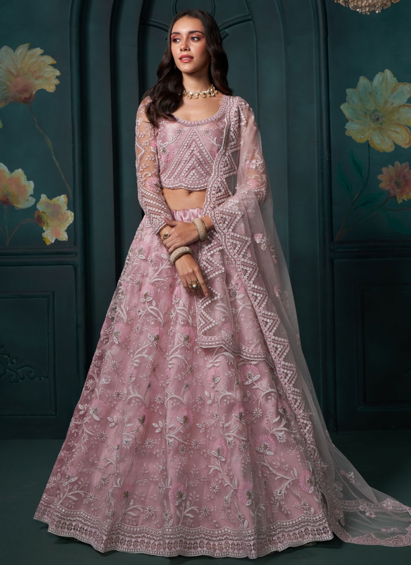 Pink Net Engagement Lehenga Choli