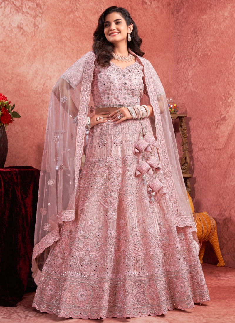 Pink Net Reception Readymade Lehenga Choli