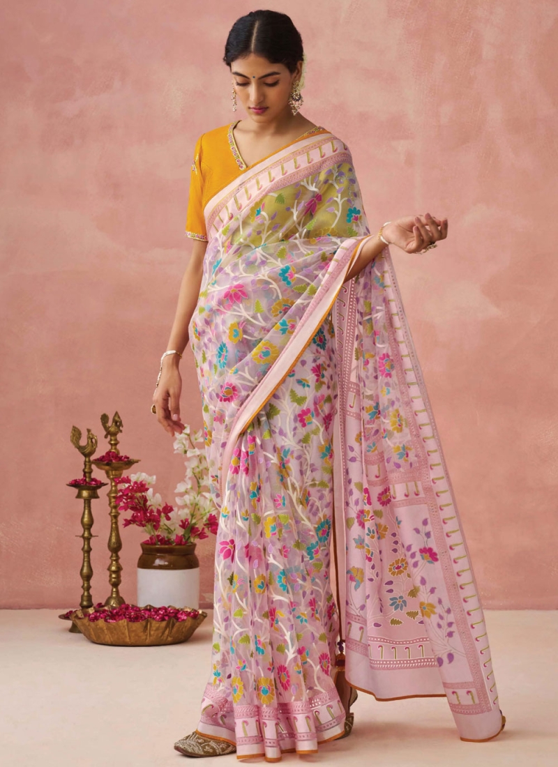 Pink Print Brasso Contemporary Saree